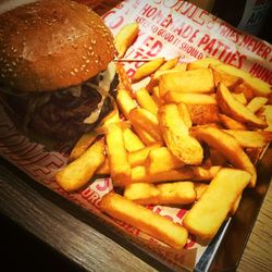 Close-up of burger on table