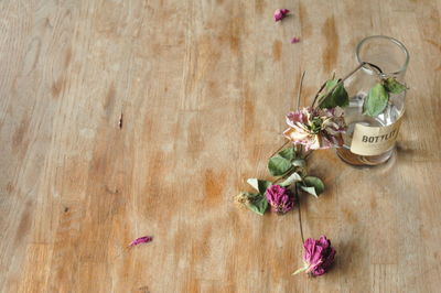 High angle view of rose on table