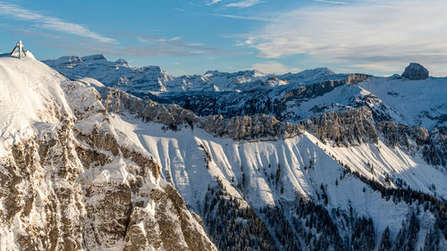 Panoramic view of snowcapped mountains against sky during winter