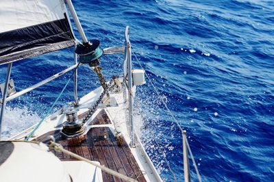 High angle view of sailboat sailing in sea