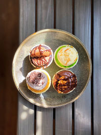 High angle view of breakfast served on table