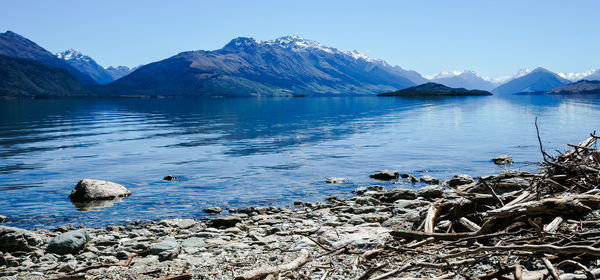 Scenic view of lake and mountains against clear sky