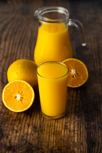 Close-up of orange juice on table