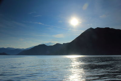 Scenic view of sea and mountains against sky