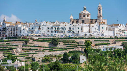 Buildings in city against clear sky