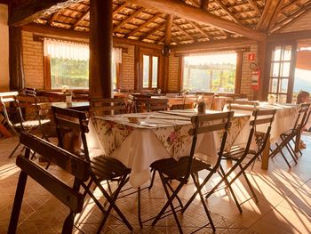 Empty chairs and tables in restaurant