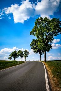 Empty road amidst trees on field against sky