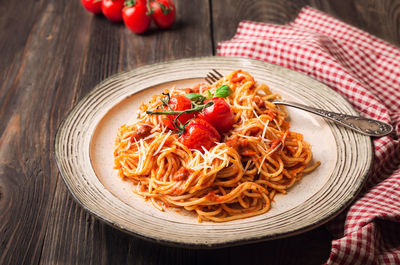 High angle view of noodles in plate on table