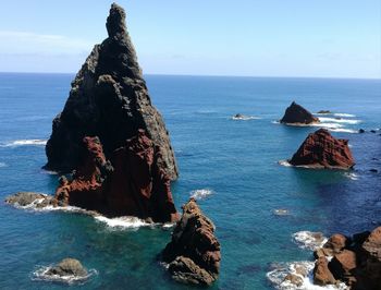 Scenic view of rocks in sea against sky