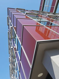 Low angle view of modern building against clear blue sky