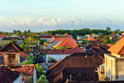 High angle view of houses in town