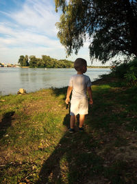 Rear view of boy on grass by lake against sky