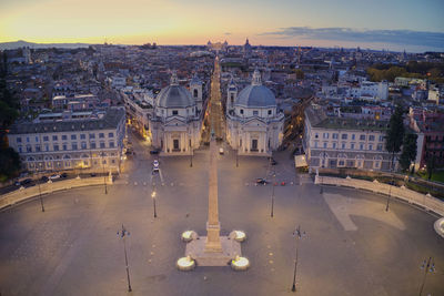 High angle view of city street during sunset