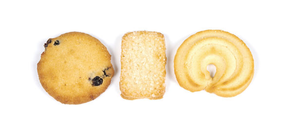 High angle view of cookies against white background