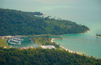 High angle view of bay and trees