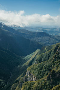 Fortaleza canyon with steep rocky cliffs covered by forest and fog, near cambará do sul, brazil.