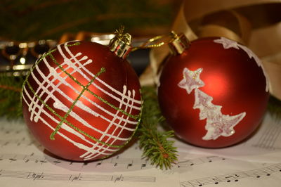 Close-up of christmas decoration on sheet music