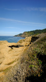 Scenic view of beach against blue sky