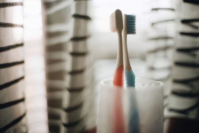 Close-up of two toothbrushes