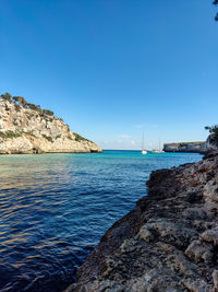 Scenic view of sea against clear blue sky