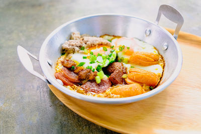 High angle view of food in bowl on table