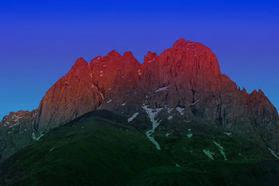 Low angle view of snowcapped mountains against clear blue sky