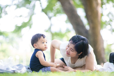 Mother and daughter outdoors