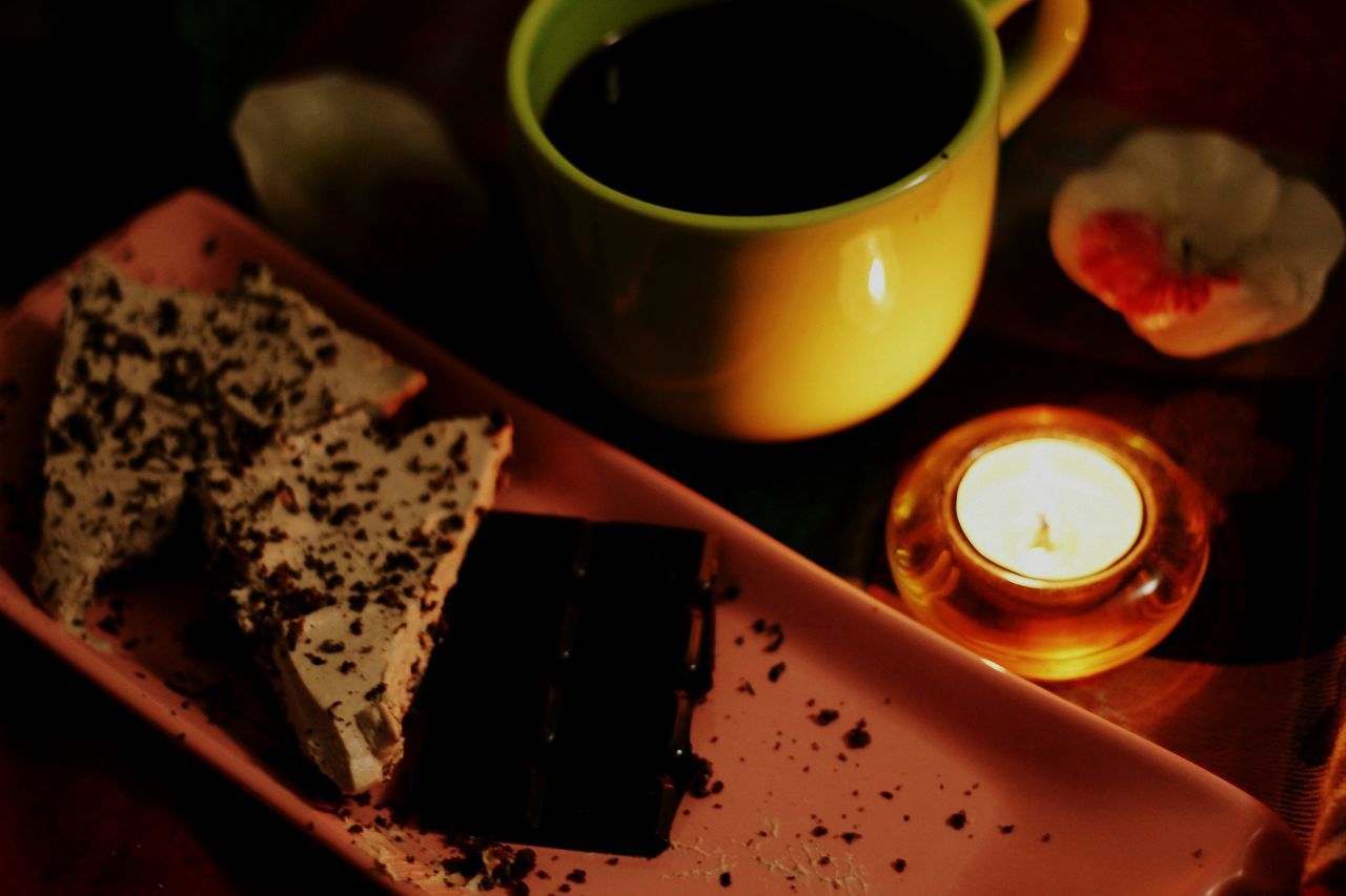 indoors, table, food and drink, still life, drink, coffee cup, close-up, high angle view, coffee - drink, freshness, refreshment, food, no people, cup, selective focus, wood - material, sweet food, coffee, focus on foreground, dessert