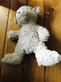 High angle view of white teddy bear on hardwood floor