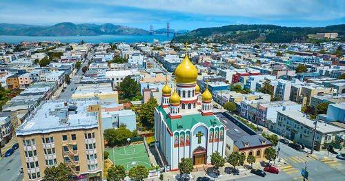 High angle view of townscape against sky