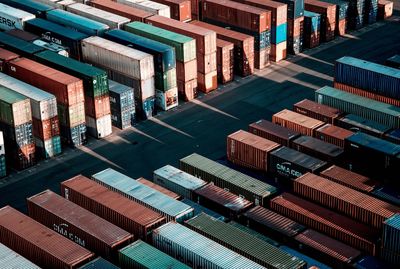 High angle view of cargo containers at commercial dock