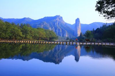 Scenic view of lake and mountains against blue sky