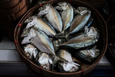 High angle view of fish for sale in basket