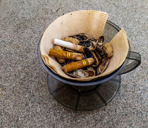 High angle view of food in basket on table