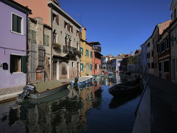 Boats moored in canal amidst buildings against clear sky