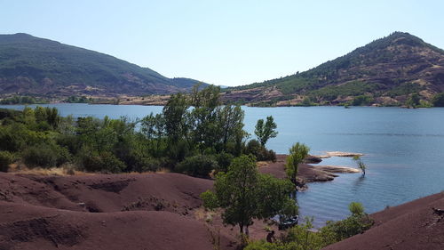 Scenic view of lake and mountains against clear sky