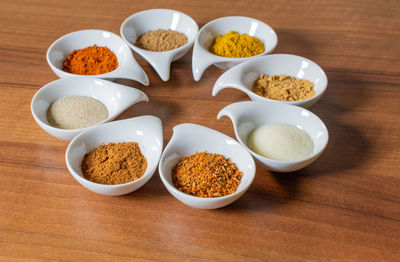 High angle view of food in bowls on table