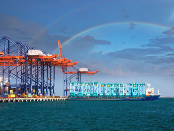 Commercial dock by sea against sky