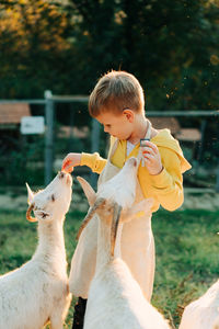 Cute girls feeding goats