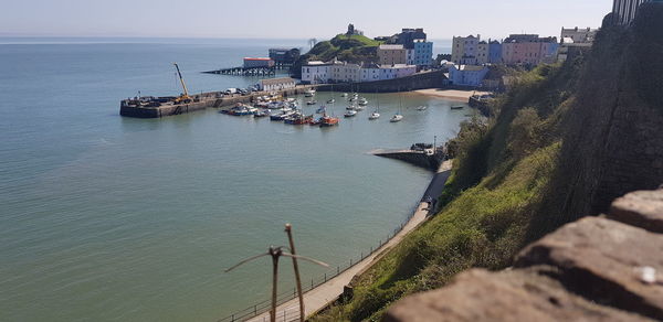 High angle view of bay against sky