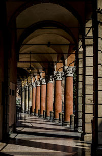 Row of typical columns and arcades in bologna, italy. santo stefano square