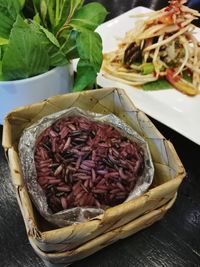 High angle view of meat in basket