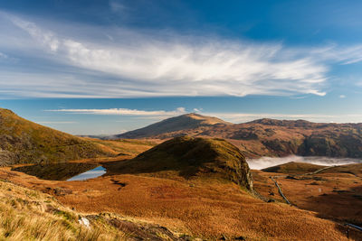 A landscape view of the mountains and lakes in the snowdonia national park, north wales