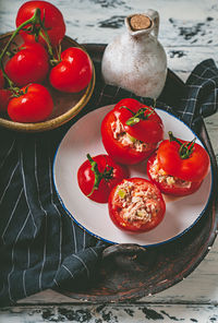 High angle view of strawberries in bowl on table