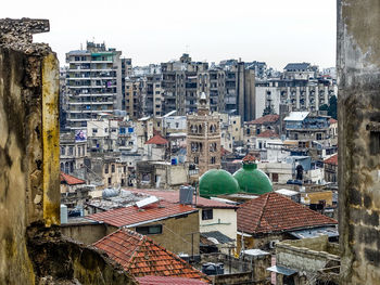 High angle view of townscape against clear sky