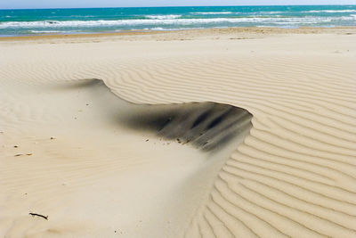 High angle view of sand at beach against sky