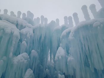 Low angle view of icicles against sky during winter