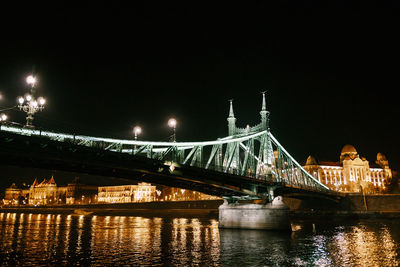 Illuminated bridge over river at night