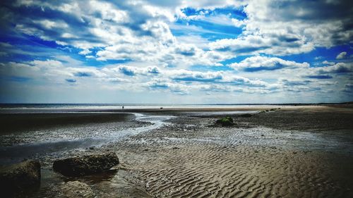 Scenic view of beach against cloudy sky
