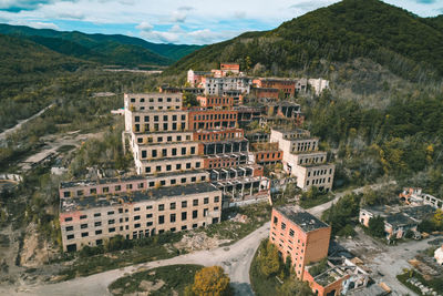 High angle view of buildings in town